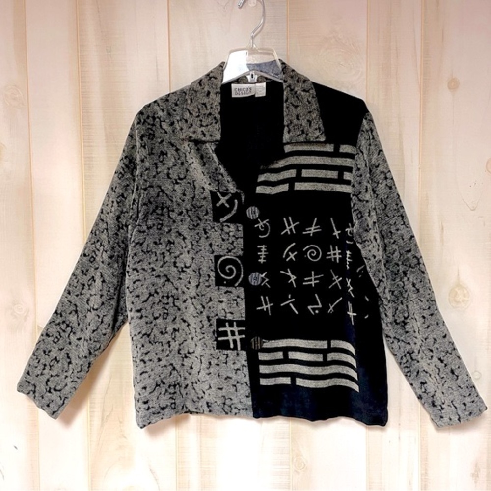 Chico’s Design Black And Gray Abstract Pattern Jacket Sz 1 Artsy Patchwork Vtg
